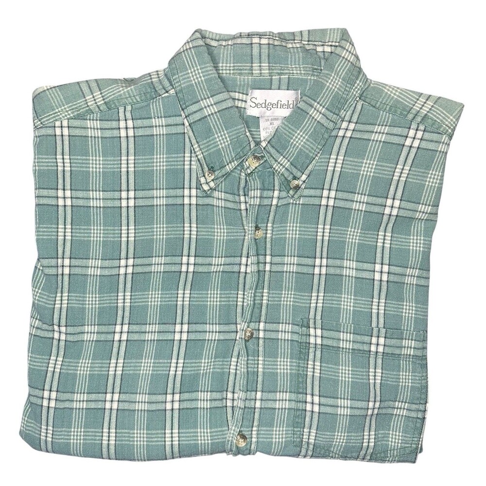 Sedgefield Short Sleeve Button-Up Shirt XL Green/White Plaid 100% Cotton Casual